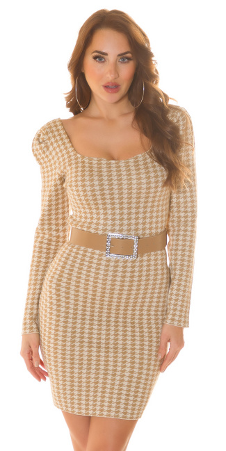 Knit Dress with houndstooth pattern & belt Beige